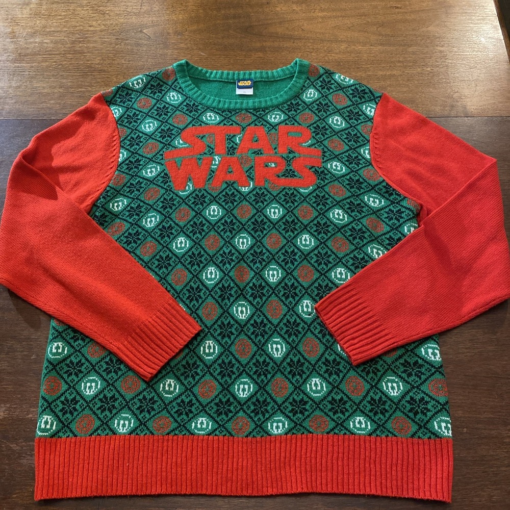 Star Wars Sweater Mens XXL‎ Ugly Christmas Crew Neck Green Red Argyle Pattern